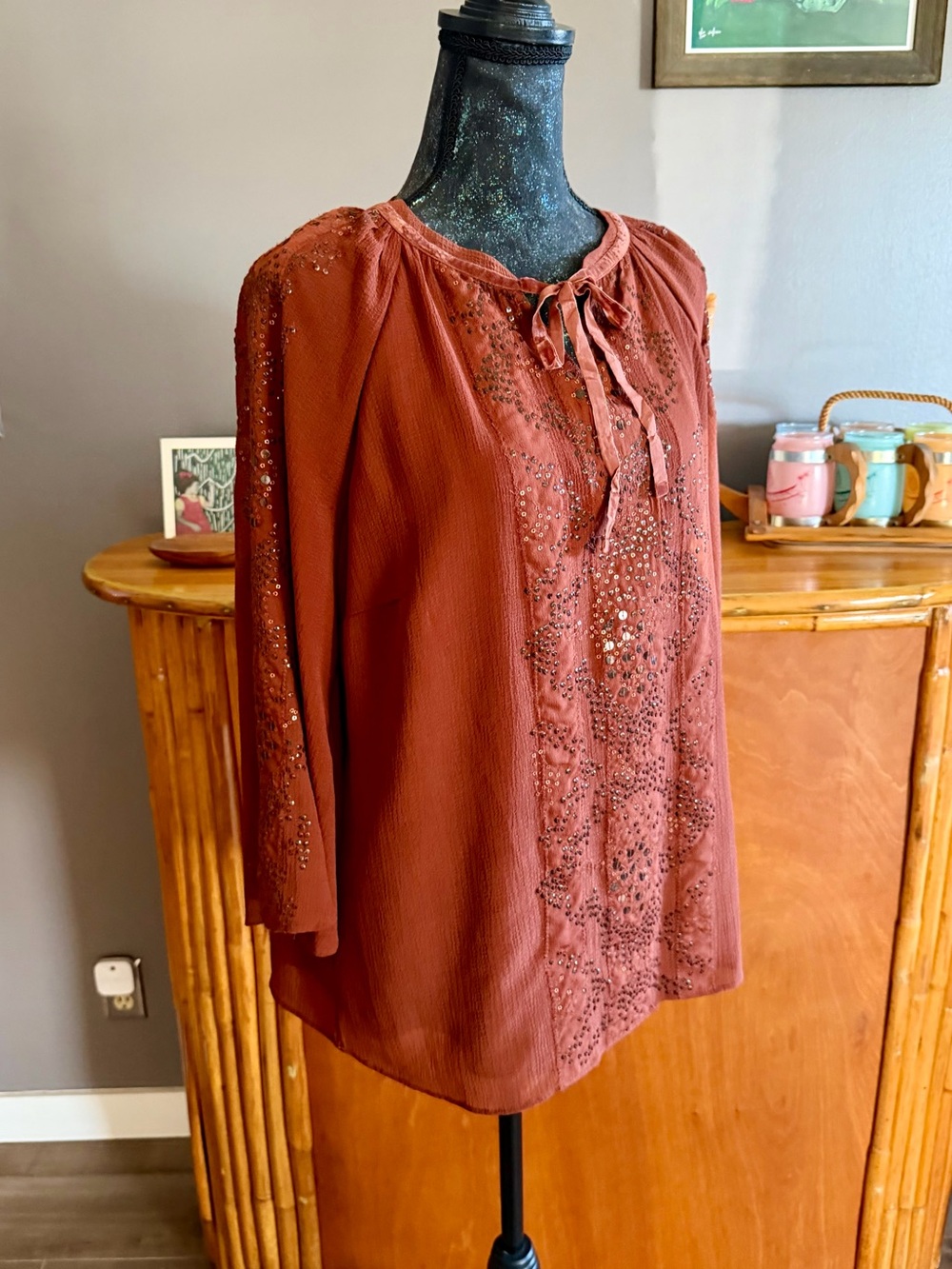 Chico's Crinkled Texture Sequins Blouse in Rust - Picture 7 of 13